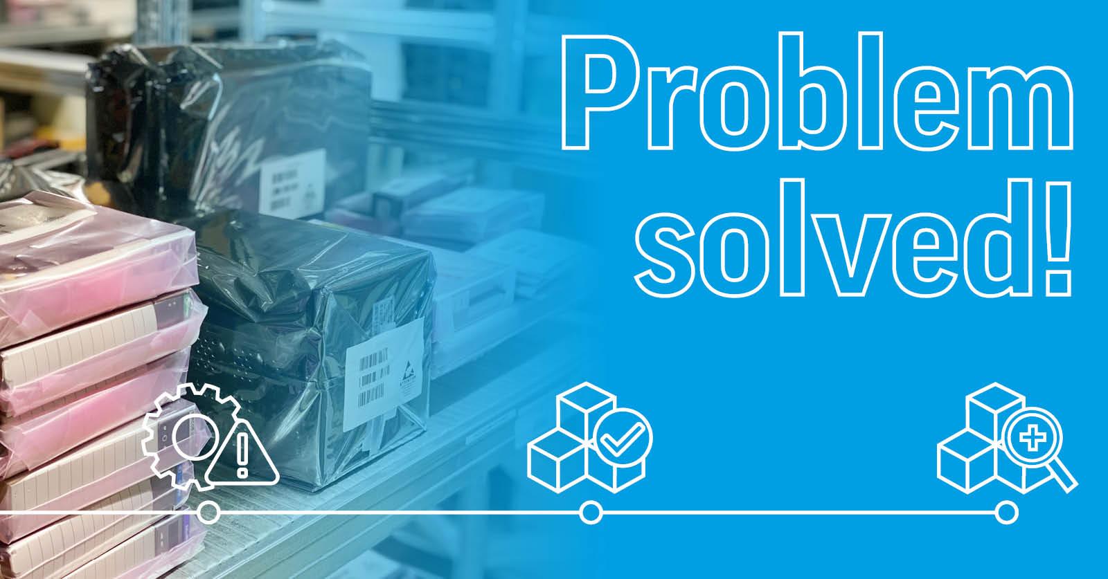 Packaged industrial electronic components stored on warehouse shelving in protective antistatic packaging.